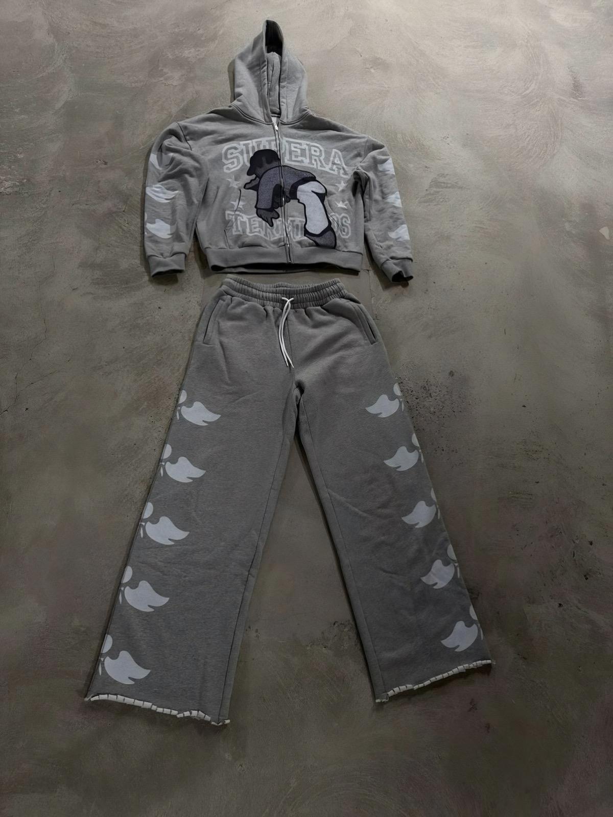 Gray Supera Terminos Zip up Hoodie and Bottoms