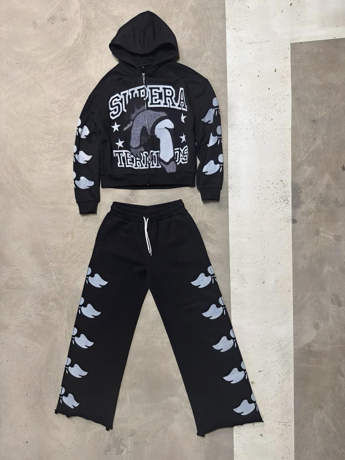 Black Supera Terminos Zip Up Hoodie and Bottoms