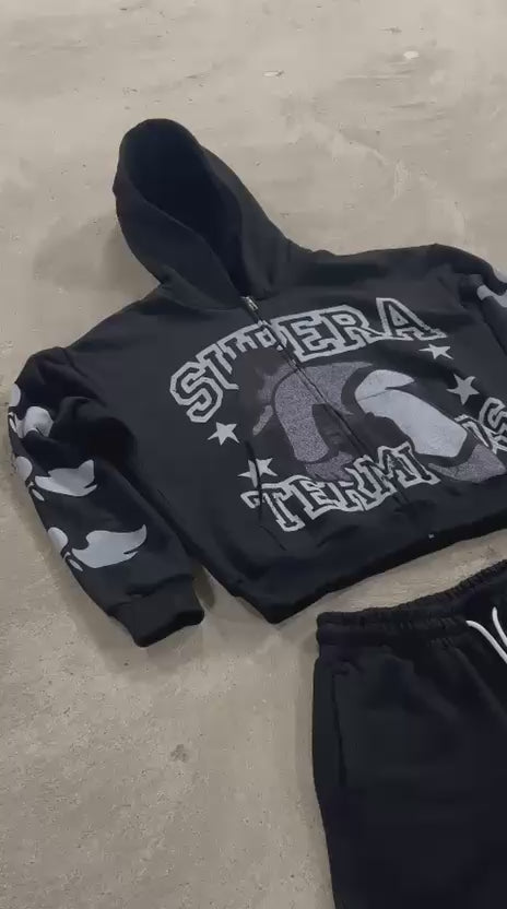 Black Supera Terminos Zip Up Hoodie and Bottoms